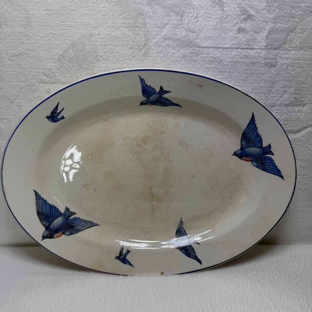 Gorgeous CRAZED Antique KT&K S-V China Bluebird Oval Platter Blue Bird